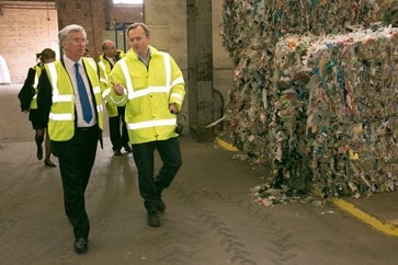 Photo caption: PlasRecycles Duncan Grierson (r) shows energy minister Michael Fallon (L) around the Woolwich plant